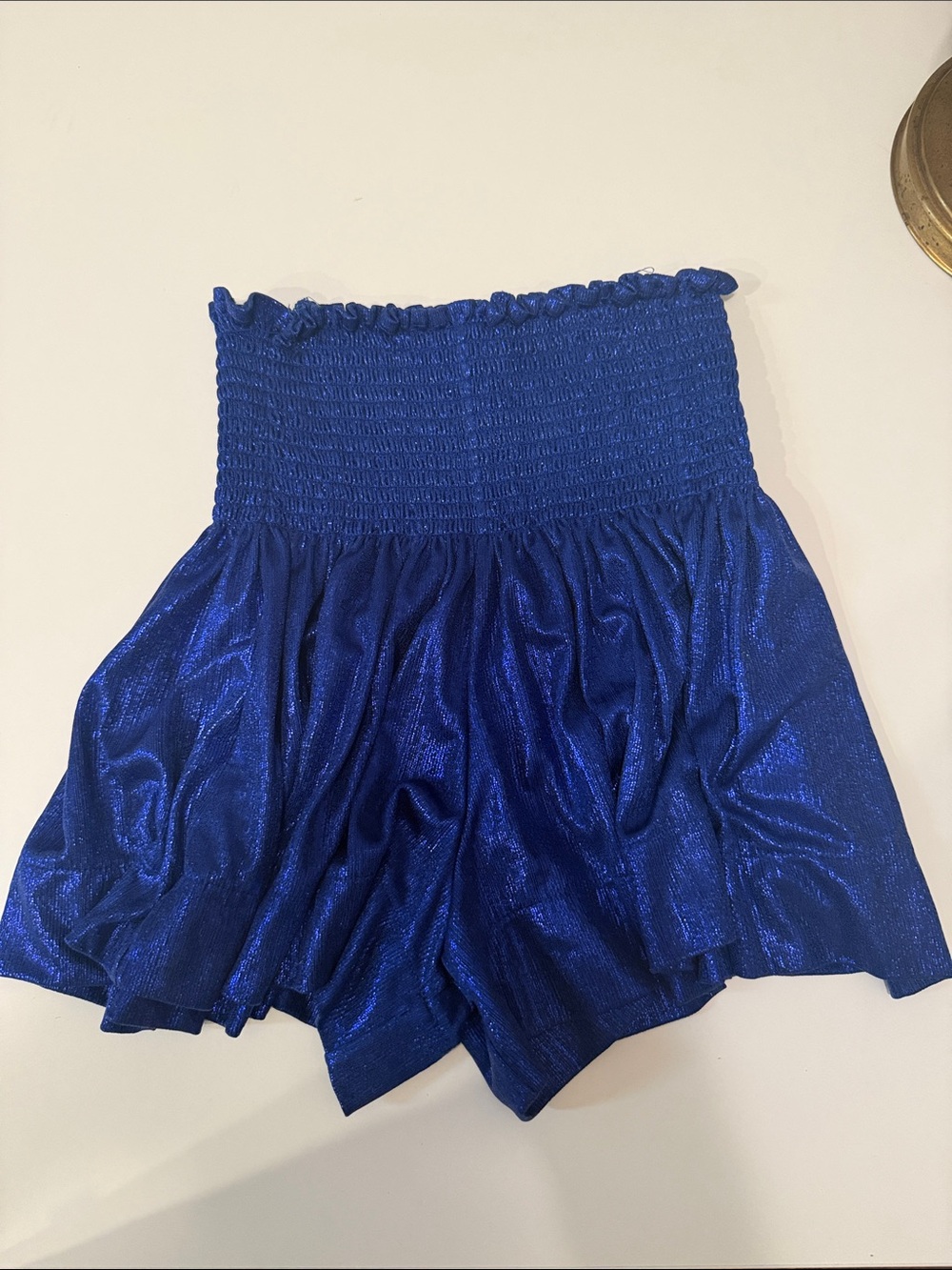 QUEEN OF SPARKLES Metallic Royal Blue High-Waist Smocked Shorts